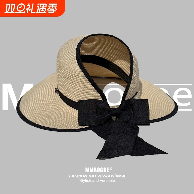 遮阳草帽女夏季出游沙滩空顶防紫外线可折叠大头围蝴蝶结太阳帽子
