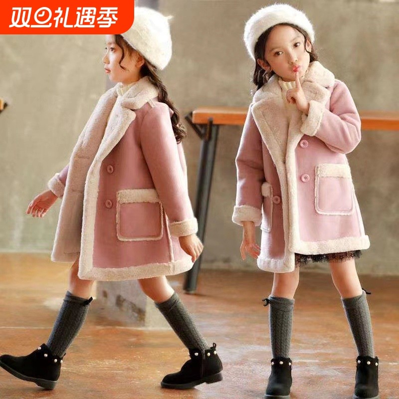 跨境童装女童时尚双排扣外套秋冬款中大童水貂绒加长款大衣潮A155