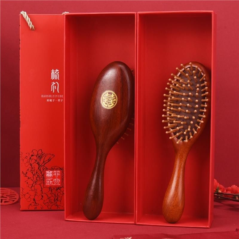 结婚梳子一对檀木镜子女陪嫁妆订婚套装红喜送新人礼物气囊气囊梳