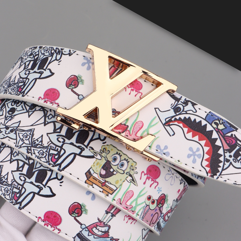 皮带男潮流学生真皮百搭卡槽涂鸦自动扣腰带牛仔裤网红同款