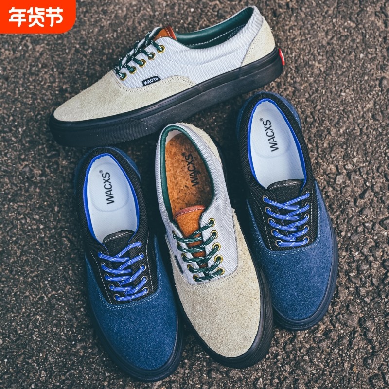 特价高端复古滑板鞋蓝黑灰白麂皮拼接男女帆布鞋低帮痞帅休闲鞋