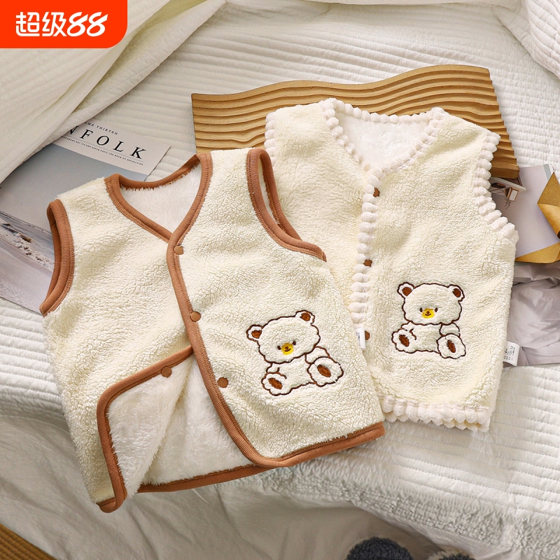 儿童加绒马甲秋冬外穿韩版洋气羊羔绒刺绣小熊按扣小马甲2025