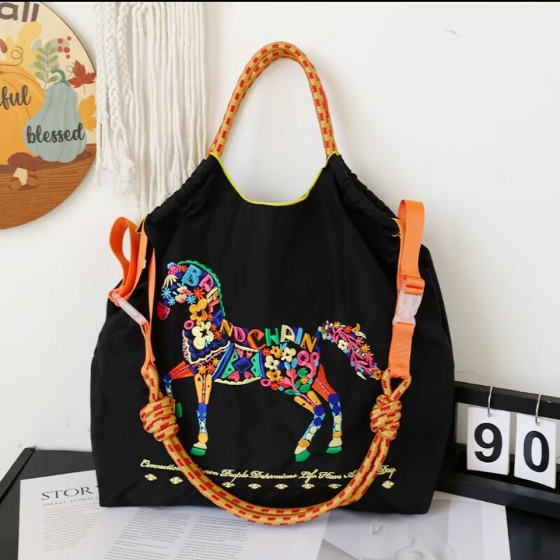 2026新品日系刺绣环保购物袋大容量帆布手提单肩包马年本命年包包