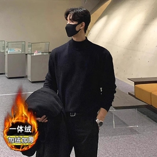 半高领毛衣男秋冬季黑色内搭保暖加绒加厚潮流韩版宽松打底针织衫