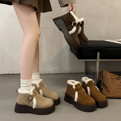 厚底增高小个子毛毛雪地靴子女2025冬季新款加绒加厚勃肯短靴棉鞋