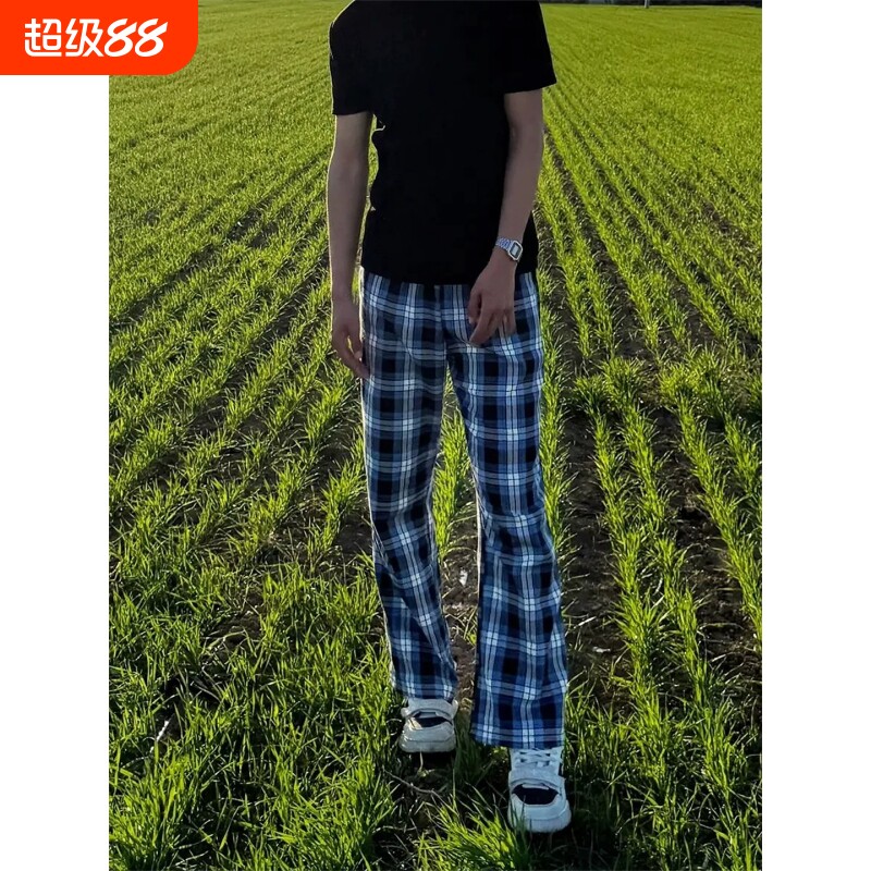 美式复古蓝色格子条纹裤子男款夏季薄款休闲裤cleanfit直筒运动裤图片