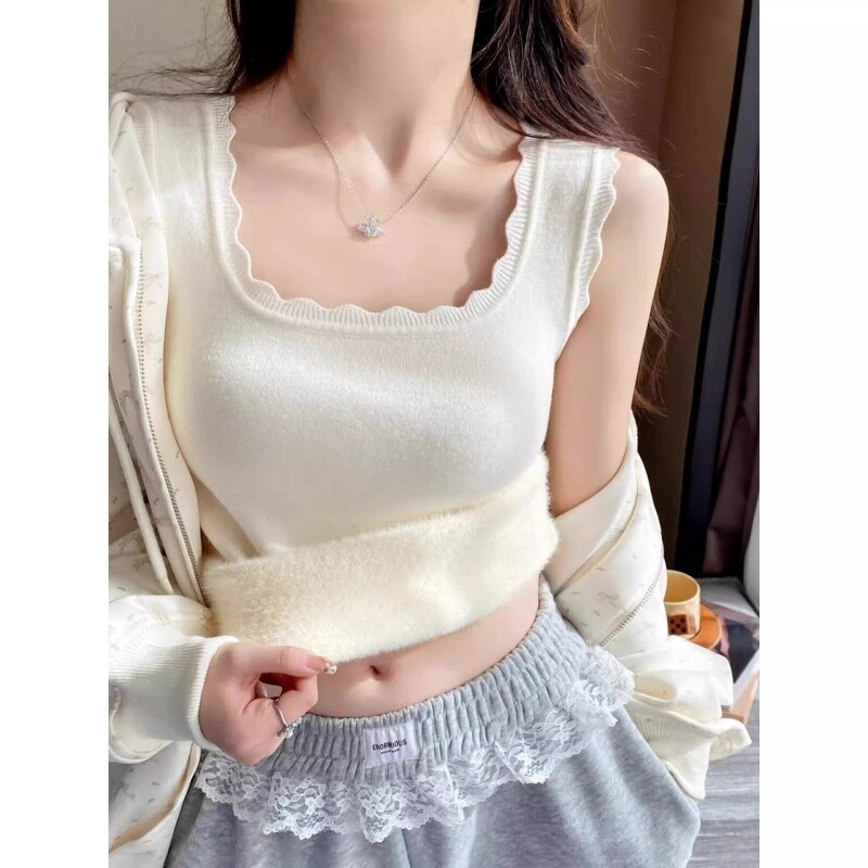 秋冬季加绒打底背心女2025新款内搭花边针织白色吊带加厚保暖上衣