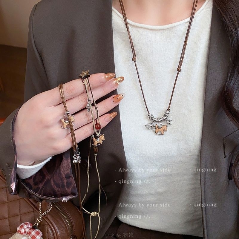 木质小马土星项链女高级感长款民族风毛衣链古着时尚百搭挂脖配饰