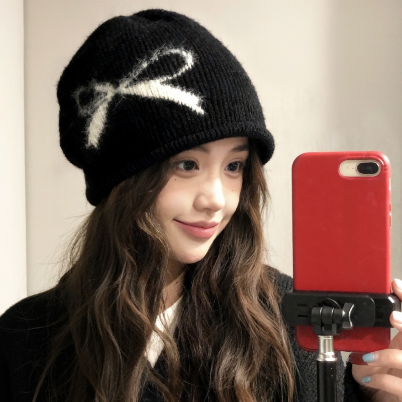 感可爱蝴蝶结拉毛帽子韩系ins休闲百搭护耳堆堆帽潮黑色灰色冬季