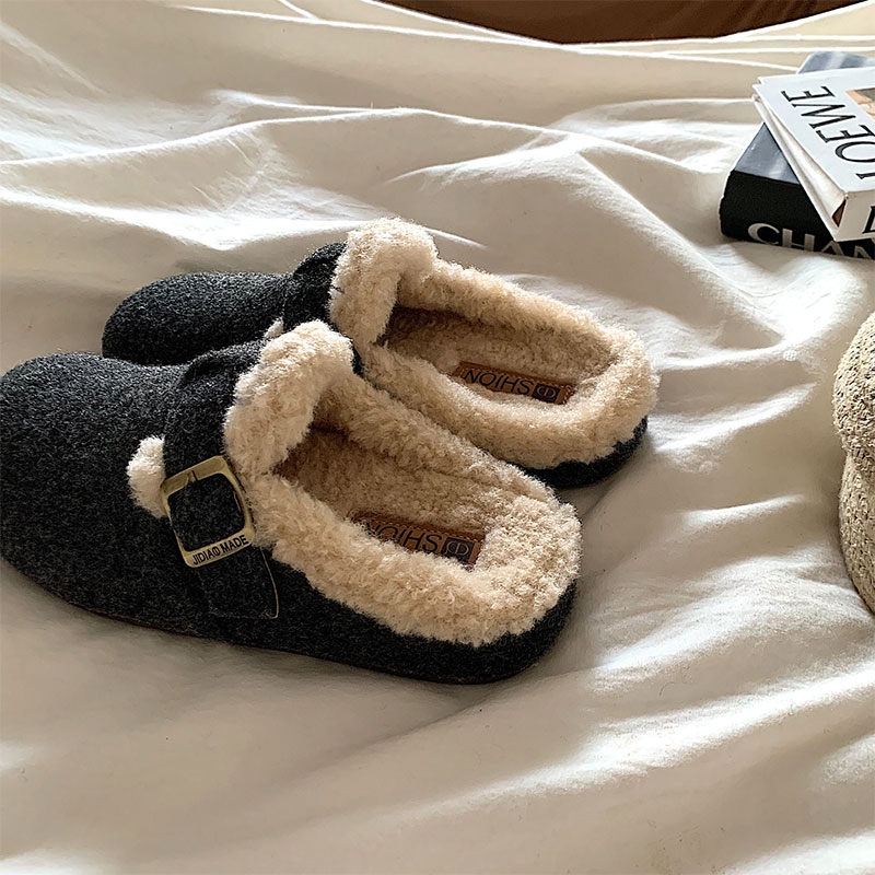 高级灰~韩版复古加绒勃肯半拖鞋女外穿ins毛茸茸一脚蹬保暖棉拖鞋