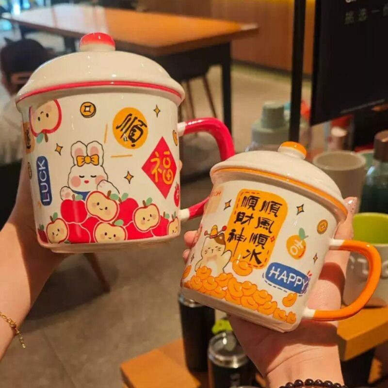 复古陶瓷马克杯大容量女家用茶缸杯情侣带盖仿搪瓷办公室喝水杯子
