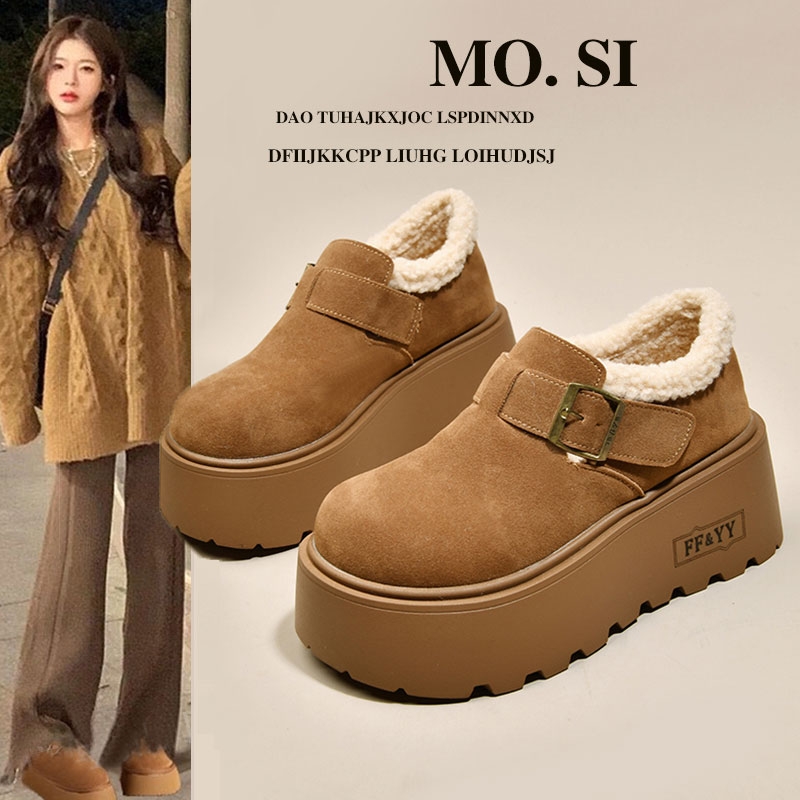 厚底增高勃肯鞋女加绒乐福鞋2025新款冬季加厚保暖雪地靴毛毛棉鞋