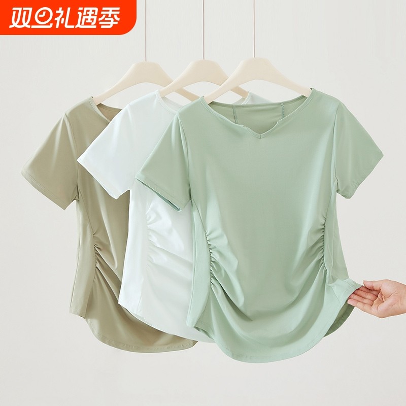 大码胖mm运动上衣女透气速干短袖宽松健身罩衫跑步瑜伽服t恤秋季