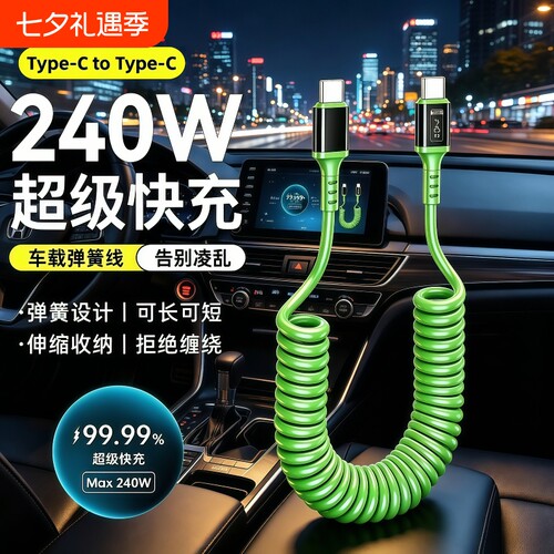 车载充电线Type-c超级快充弹簧伸缩数据线适用华为VIVO荣耀OPPO一加小米手机通用苹果15/16/17平板IPad闪充线