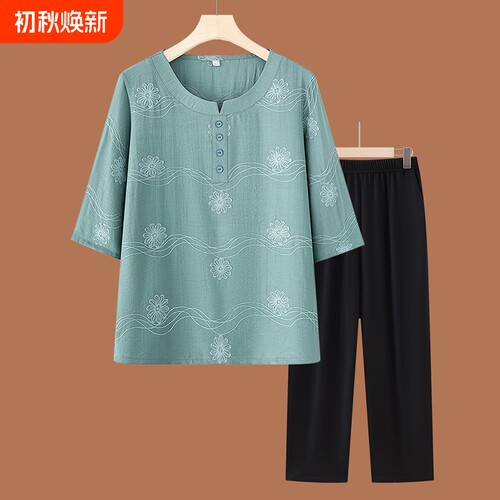 妈妈夏季短袖棉麻T恤中老年套装