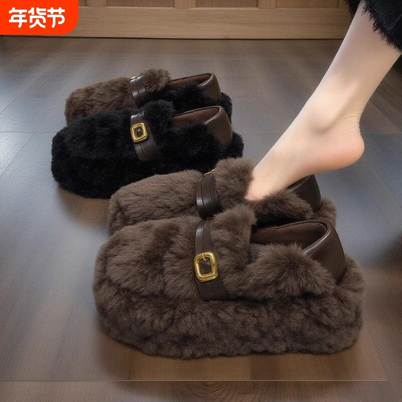 他她女孩【羊羔绒】毛毛鞋女2025新款冬季皮带扣厚底加绒保暖孕妇,女鞋,毛毛鞋,淘宝优惠券,粉丝福利购,淘宝优惠卷