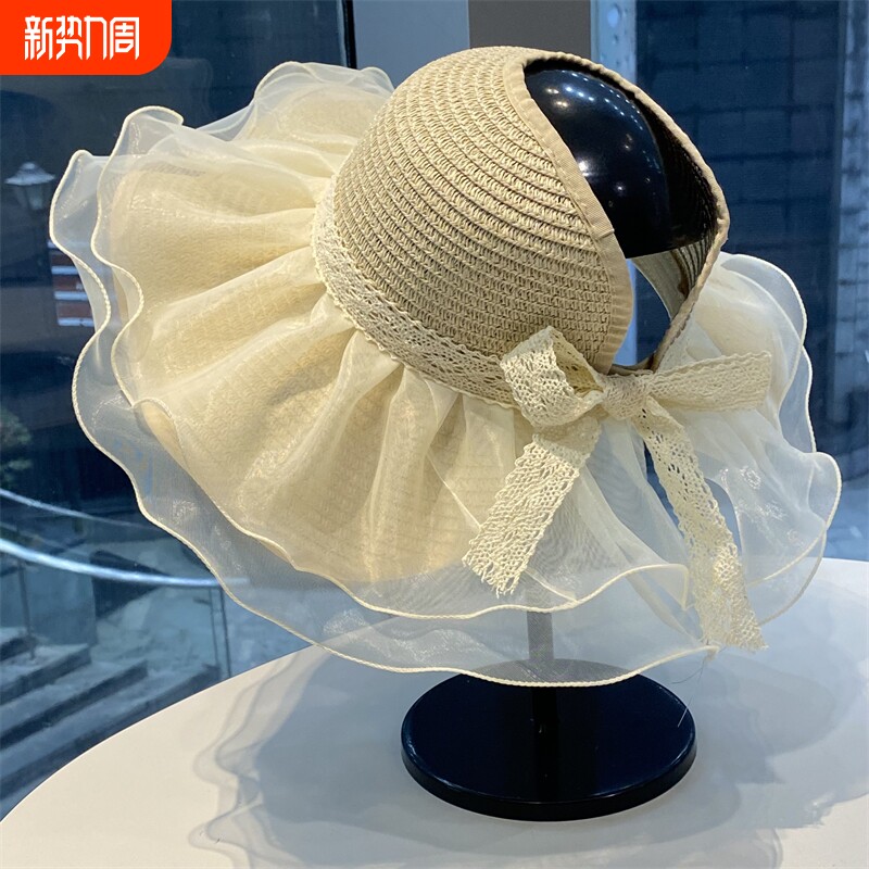 可扎马尾空顶草编帽女夏季蕾丝边遮阳太阳帽户外度假海边防晒草帽