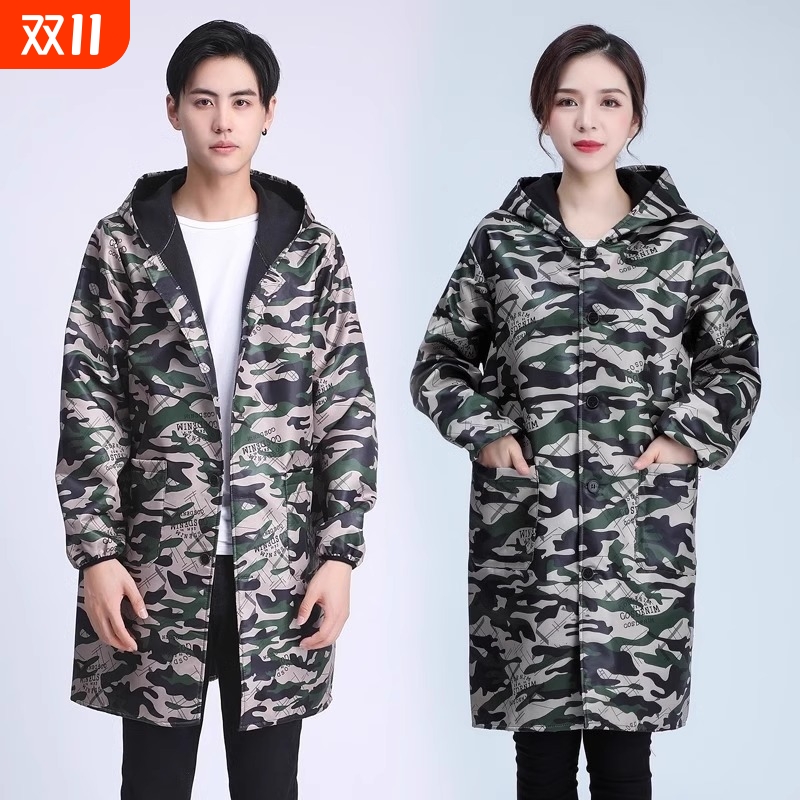 加绒加厚罩衣防水防油污围裙工作服冬季外穿带袖耐磨耐脏厨房家用