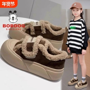 巴布豆女童2025秋冬保暖二棉鞋加绒儿童休闲鞋运动鞋黑色防滑棕色