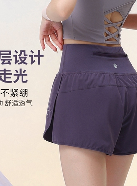2026新款跑步瑜伽短裤女防走光训练裤速干三分裤双层白色休闲紫色