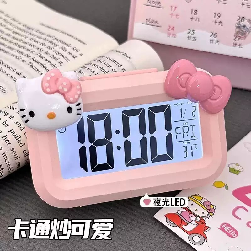 新款kitty猫闹钟夜光床头时钟可爱多功能学生宿舍台钟计时器两u