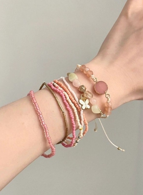 Vintage古着 Bohemian girl butterfly love element粉色珠串手链