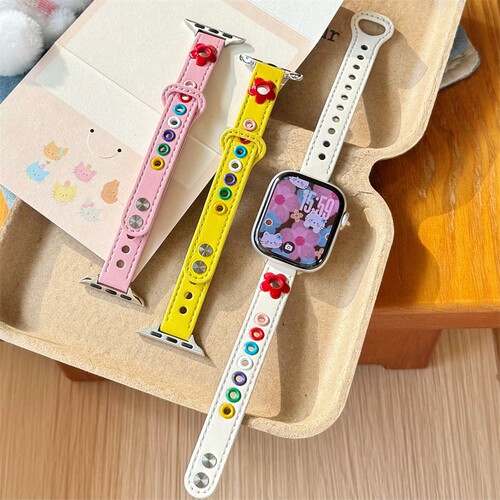 多巴胺拼色花朵皮质表带适用苹果iwatch12/9/8/7 小众温柔女腕带