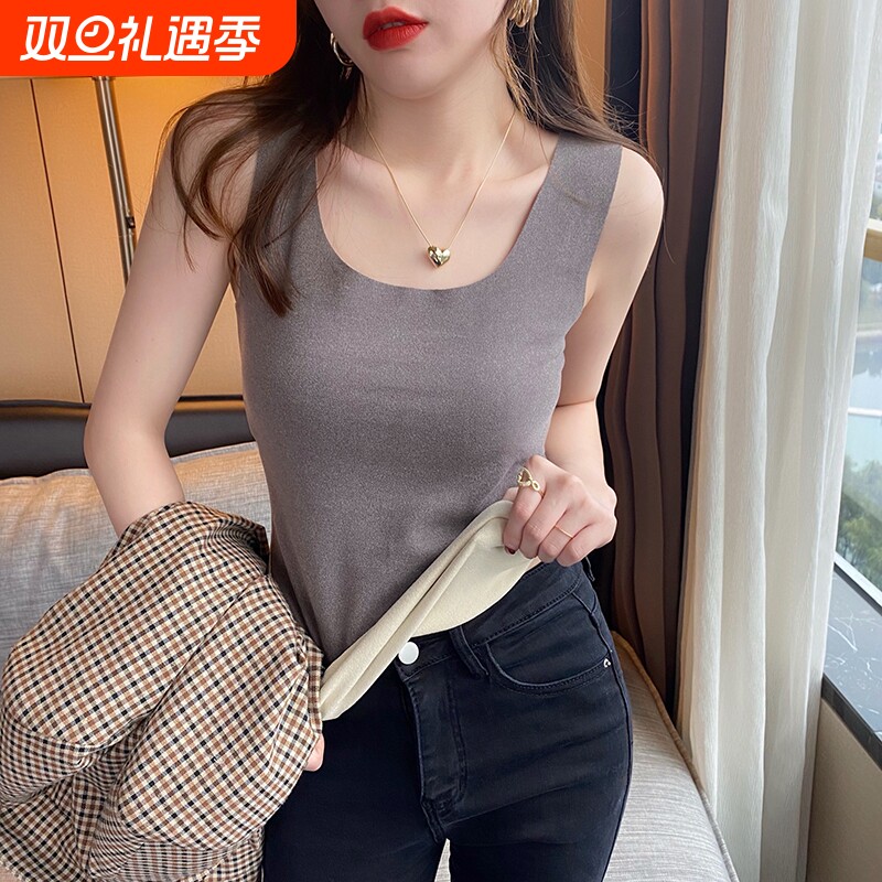 保暖无痕v领背心女内搭贴身秋冬德绒打底衫修身无袖上衣外穿加绒