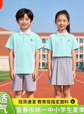 宜春市中小学生夏季校服男女统一索棉短袖短裤裙子休闲套装绿色