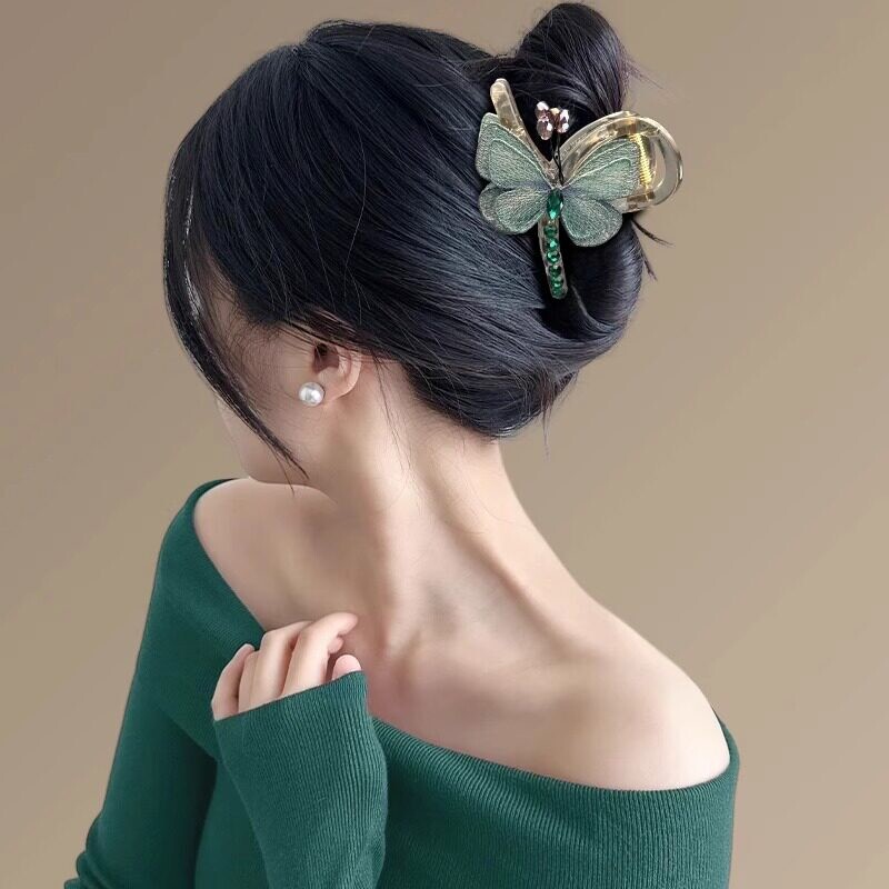 紫色刺绣蝴蝶抓夹女气质复古风新款后脑勺半扎发鲨鱼夹发饰多规格