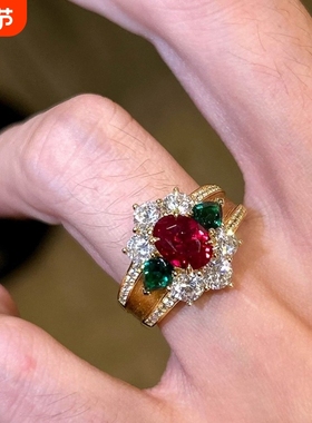 轻奢优雅风红色绿宝石开口金戒指女高级感小众食指戒