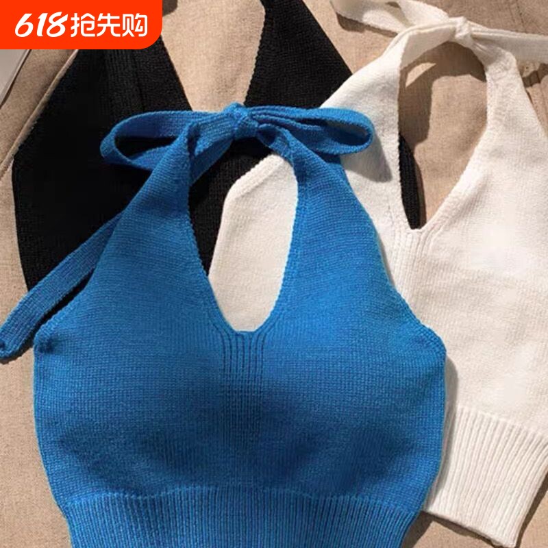 辣妹韩系网红夏款港风针织吊带外穿内搭短款纯色背心挂脖上衣美背