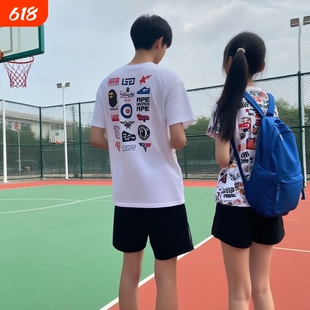 夏季BAPE儿童短袖t恤潮牌男女纯棉宽松猿人头SHARKAPE洋气亲子装
