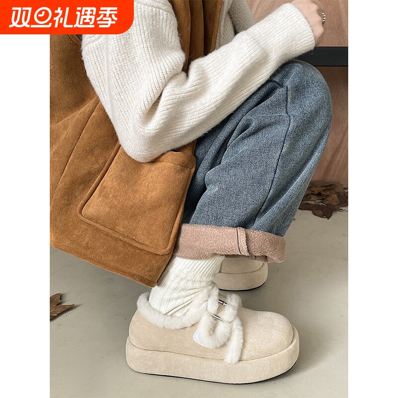 白色加绒加厚厚底棉鞋女款2025新款冬季增高保暖毛毛勃肯雪地靴子