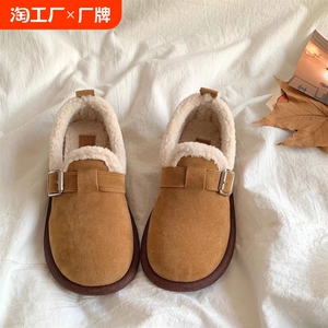 厚底勃肯鞋女复古冬季2024新款豆豆乐福鞋平底防滑配裙子软底单鞋