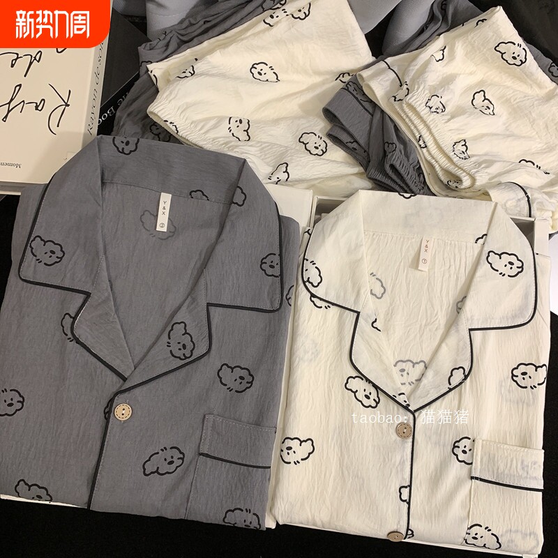 红豆日系卡通纯棉纱情侣睡衣男女夏季短袖学生开衫大码三件套家居