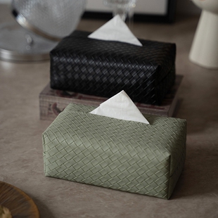 绿色轻奢高级感编织纹皮质纸巾盒家用客厅茶几抽纸盒餐巾纸收纳盒