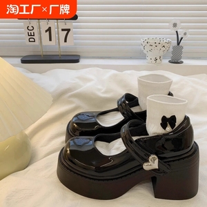 热嘉黑色法式粗高跟玛丽珍女鞋2024新款秋厚底英伦小皮鞋单鞋圆头
