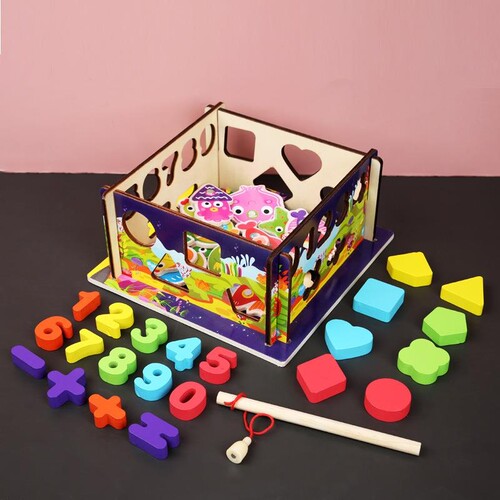 磁性钓鱼智力盒二合一玩具儿童木制益智数字几何形状配对积木