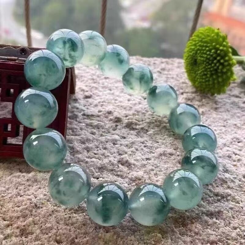 高冰种翡翠底仿老坑翡翠色手链飘花蓝水手串佛珠送女友礼物晴水