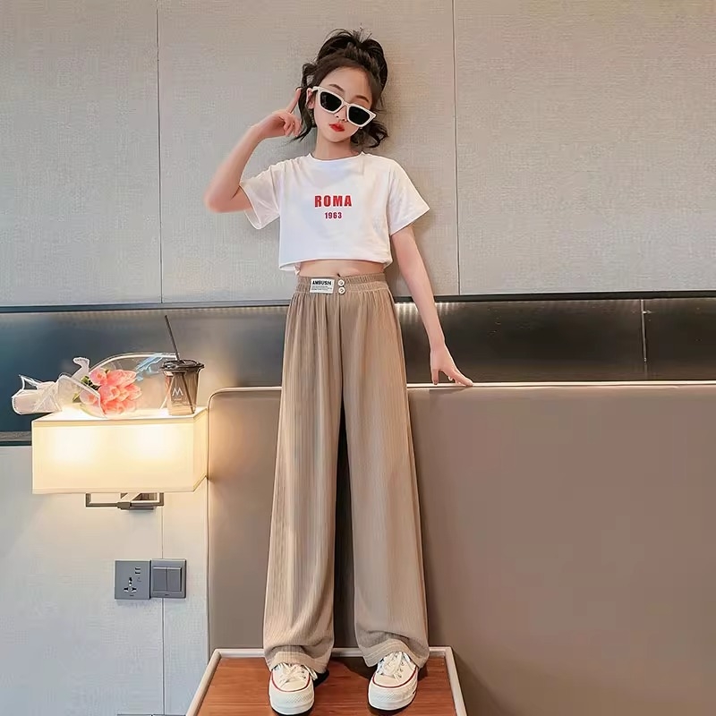 女童裤子2025夏季薄款冰丝阔腿裤儿童中大童装宽松直筒休闲长裤潮