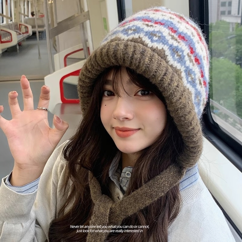 费尔岛风针织帽女冬季保暖巴拉克拉法秋冬帽子冬天堆堆毛绒毛线帽