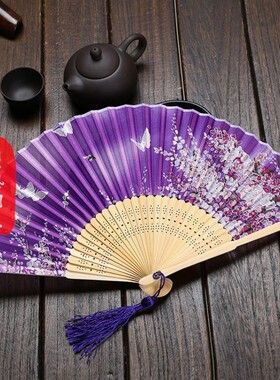 中国风真丝女扇子折扇厂家直销 日式和风扇优质礼品扇 蝴蝶樱花扇