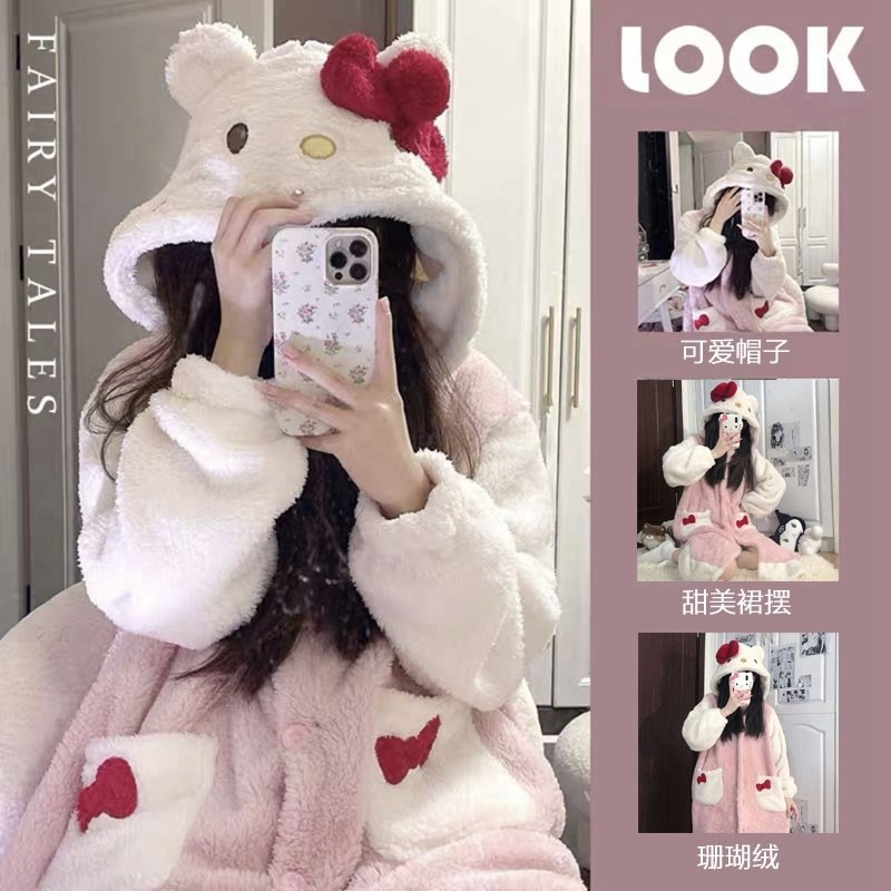 珊瑚绒睡衣女新2025新款秋冬季男加厚可爱猫咪睡袍睡裙家居服套装