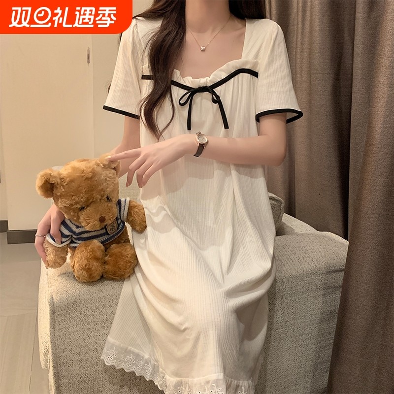 夏天睡裙女夏季短袖纯棉2025新款网红风学生可爱杏色睡衣裙