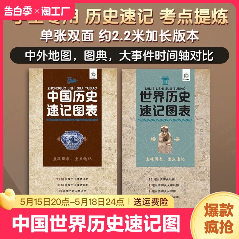 2023版中国历史世界历史速记图表历史长河图中外大事件地图随身携带便携版中学生考试考点图时间轴对比初中