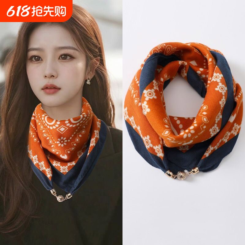 2025薄款磁吸扣丝巾女新款方巾秋冬围巾护颈围脖时尚百搭棉麻轻薄