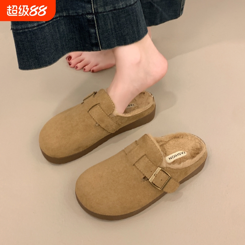 厚底毛毛勃肯鞋女秋冬包头半拖外穿2025新款一脚蹬孕妇加绒棉拖鞋