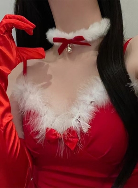 秋冬毛绒项圈choker项链锁骨链新年红色蝴蝶结铃铛项链颈链配饰