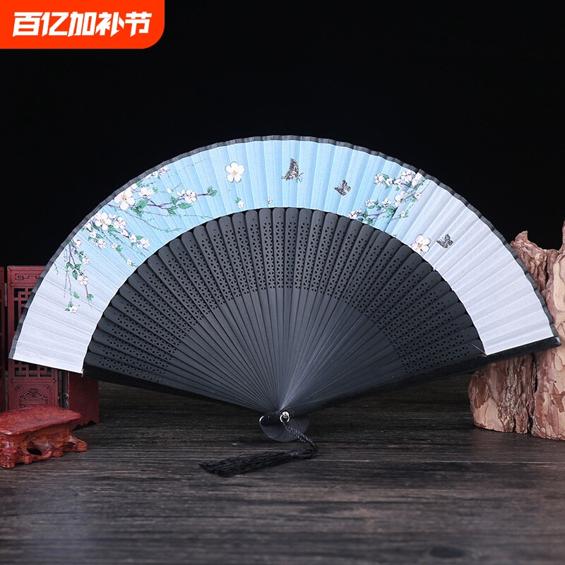 42方真丝仙鹤图案女士扇子中国风高档丝绸绢扇折扇和风日式工艺扇